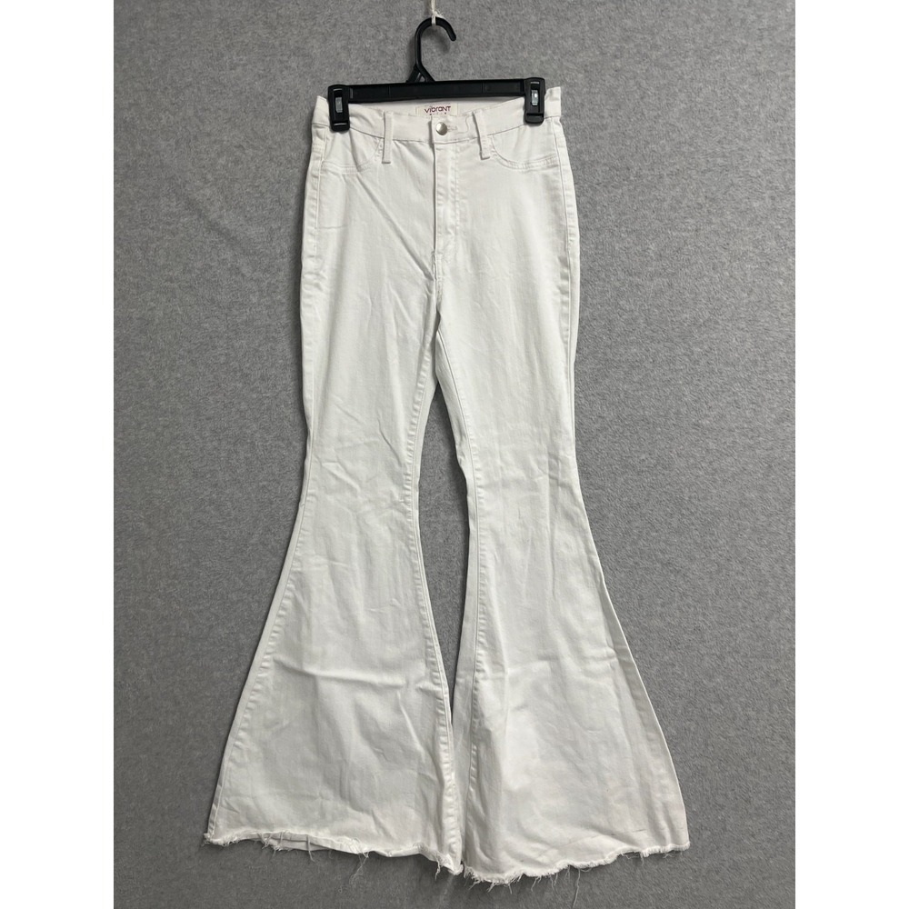 Vibrant‎ MIU Flare Jeans Womens 27W White Denim Cotton Light Wash Frayed Hem